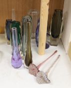Twelve items of art glass, ten vases and two decorative flowers with long stems, including three