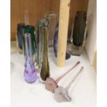 Twelve items of art glass, ten vases and two decorative flowers with long stems, including three