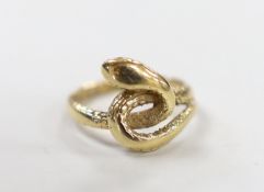 A 1970's? 9ct gold entwined serpent ring, size J, 3.3 grams.