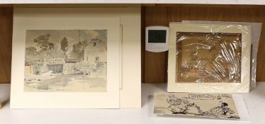 A group of assorted unframed watercolours and drawings including a landscape attributed to Paul