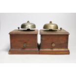 Two W.R.Sykes mahogany small signal box bells, one bears manufacturer's plaque
