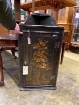 An 18th century chinoiserie lacquer hanging corner cabinet, width 52cm, depth 25cm, height 98cm