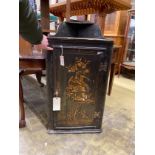 An 18th century chinoiserie lacquer hanging corner cabinet, width 52cm, depth 25cm, height 98cm