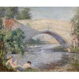 Thomas W. Armes (1894-1963), oil on canvas, Bathers beside a stone bridge, signed, 47 x 56cm