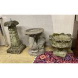 A reconstituted stone sundial, height 73cm, a pelican bird bath and a circular acanthus planter