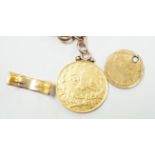 A Turkish 100 Karush gold coin, now mounted on a 9ct albert, chain 35cm, a gold one third guinea (