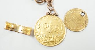 A Turkish 100 Karush gold coin, now mounted on a 9ct albert, chain 35cm, a gold one third guinea (