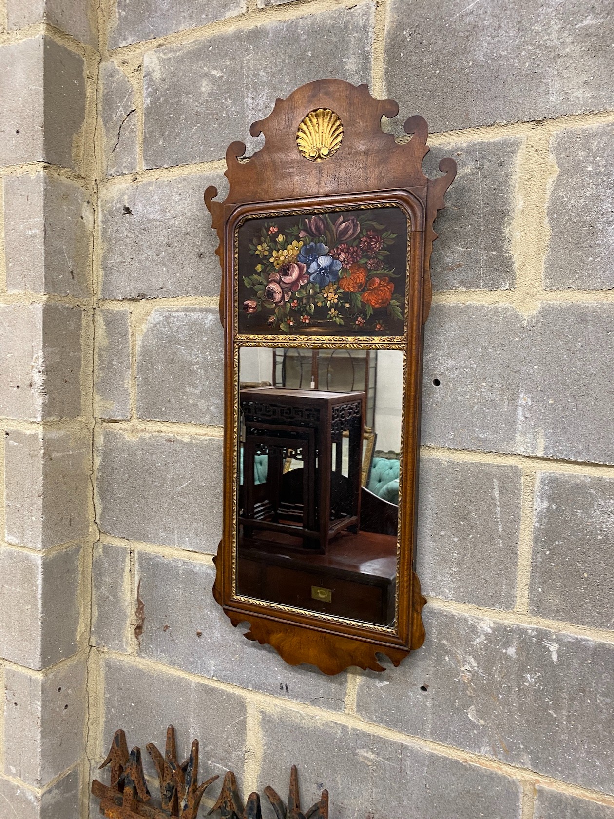 Two 18th century style painted walnut fret cut wall mirrors, larger width 35cm, height 110cm - Image 2 of 2