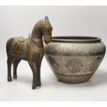 An Indian engraved brass jardiniere and brass-mounted wood horse, 31cm tall