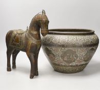 An Indian engraved brass jardiniere and brass-mounted wood horse, 31cm tall