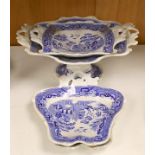 An early 19th century pearlware part dessert set - comport and three shaped dishes, comport 36cms