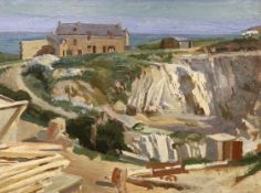 Early 20th century English School, oil on board, Coastal houses and quarry, 29 x 40cm