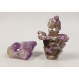 Two Chinese amethyst crystal carvings of peaches and a vase, tallest 8.5 cm