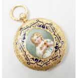 An early 20th century Swiss 18k and enamelled fob watch, decorated with the bust of a young girl and