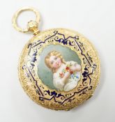 An early 20th century Swiss 18k and enamelled fob watch, decorated with the bust of a young girl and