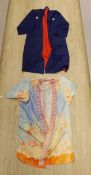 A Japanese navy blue silk kimono and another multi coloured silk ,patterned kimono from the 1930’s