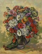 Bernard Ninnes (1899-1971), oil on canvas, Still life with Indonesian doll beside a vase of flowers,