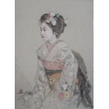 A Japanese watercolour and pencil sketch of a Geisha, signedand sealed, 42cms high x 31cms wide