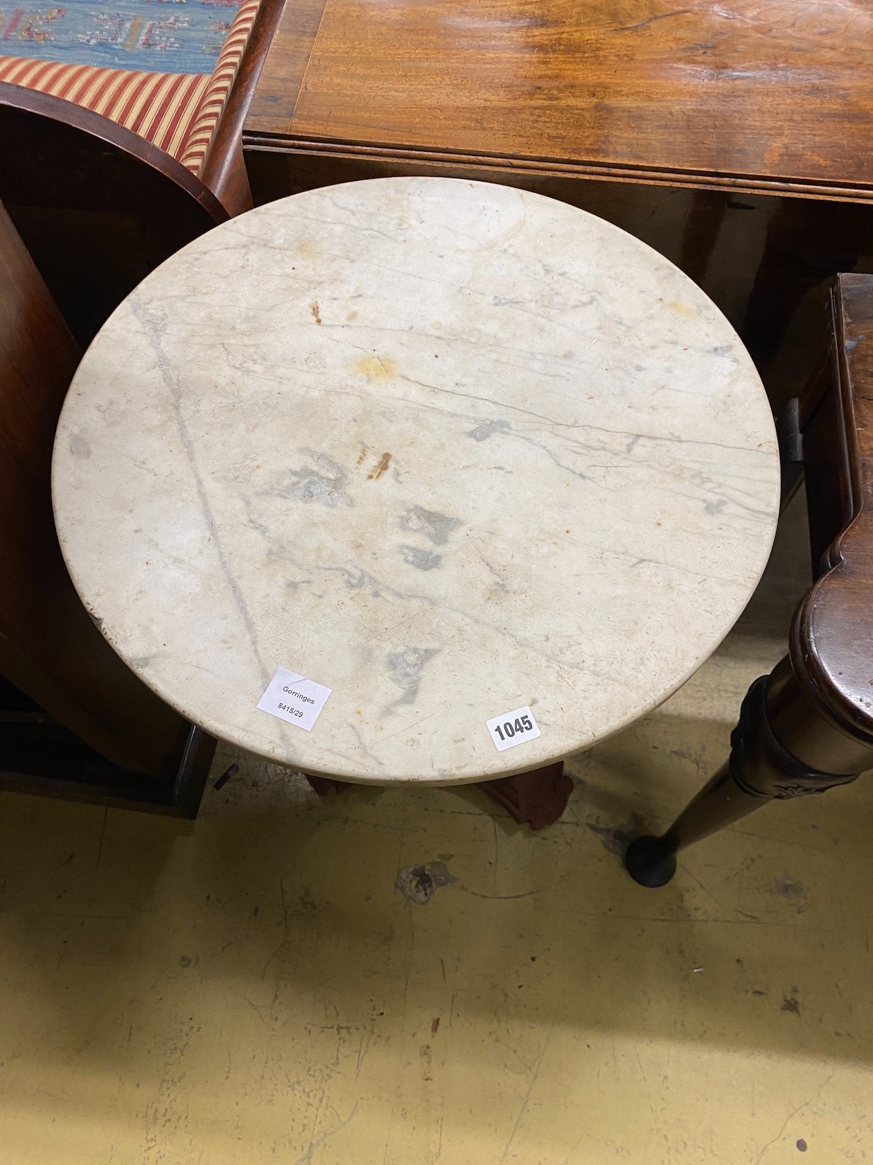 A Victorian style painted cast metal circular top marble top table, diameter 56cm, height 70cm - Image 2 of 2