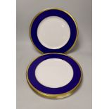 Six Asprey, London, blue and gilt banded dinner plates, 34cms diameter