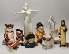 Three Royal Doulton figures and a character jug and five Shorter Pottery character jugs, tallest