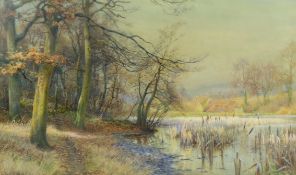 Walter Follen Bishop (British, 1856-1936), watercolour, Tranquil lake scene, signed, 59 x 99cm