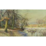 Walter Follen Bishop (British, 1856-1936), watercolour, Tranquil lake scene, signed, 59 x 99cm