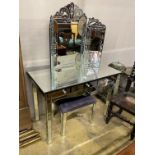 A contemporary Venetian style mirrored dressing table with triple mirror and stool, table width