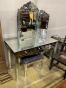 A contemporary Venetian style mirrored dressing table with triple mirror and stool, table width