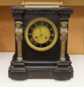 A large Victorian Broxell Brighton, black slate mantel clock with bronze figural mounts, 40cms