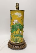 A Chinese polychrome glazed sleeve vase, of Wang Bing Rong type, on stand converted into a lamp.