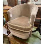 A late 19th century Flemish carved oak dining chair, a pole screen and an upholstered tub chair