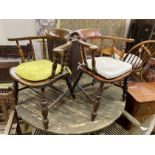 Two similar late Victorian turned beech Windsor smoker’s bow chairs, width 69cm, depth 50cm,