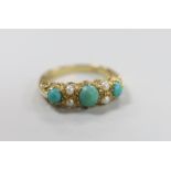 A 1960's 9ct gold, split pearl and turquoise ring set half hoop ring, size O, gross weight 3.4