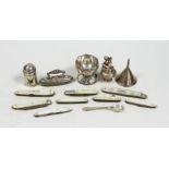 Eight mother of pearl mounted fruit of pocket knives and a small silver funnel, etc, including treen