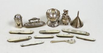 Eight mother of pearl mounted fruit of pocket knives and a small silver funnel, etc, including treen