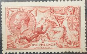 Great Britain covers seahorses with 1915 de la rue 5 shilling, mint (2),1918 2 shilling, 6d, 10