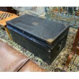 A Victorian studded black leather trunk, brass plaque inscribed Mr J Evans No.2, width 107cm,