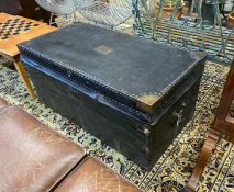 A Victorian studded black leather trunk, brass plaque inscribed Mr J Evans No.2, width 107cm,