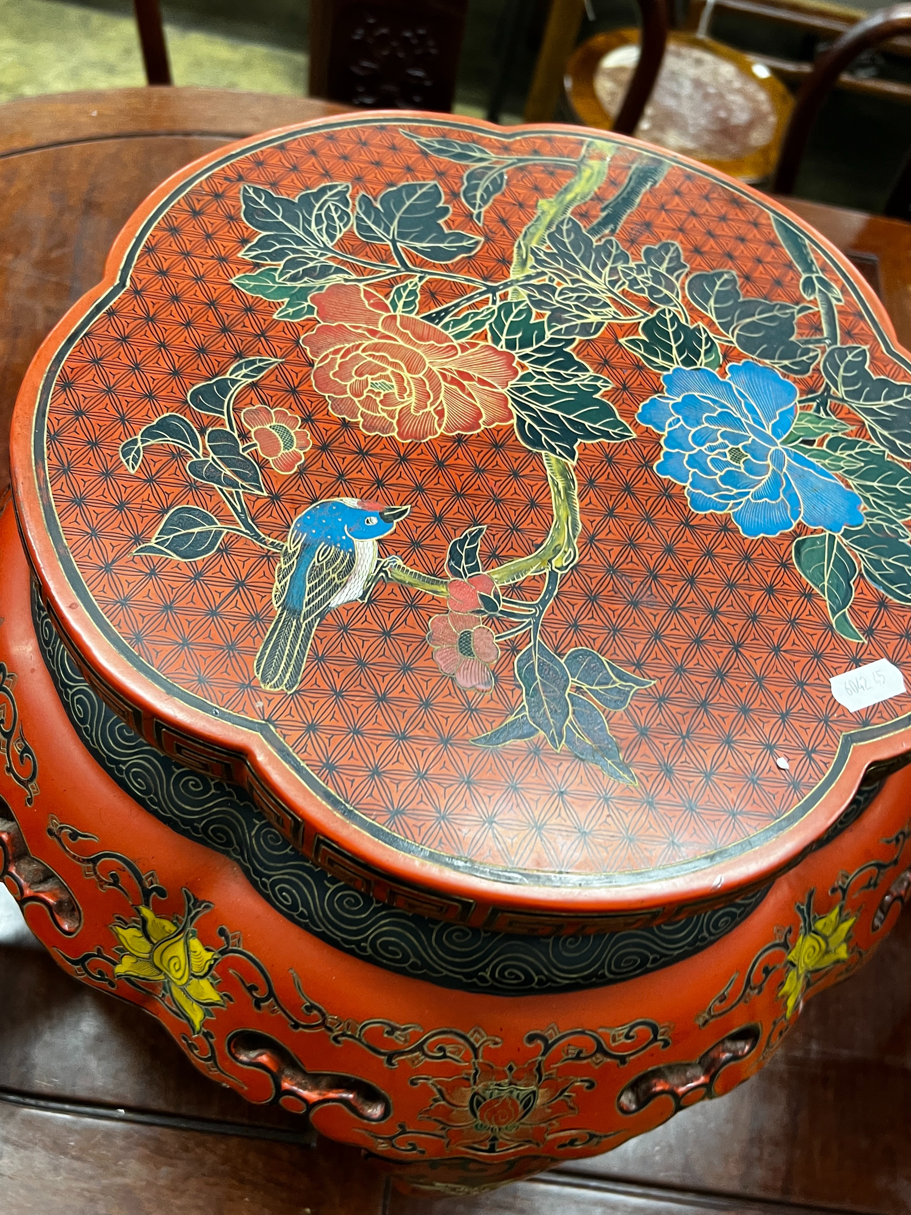 A Chinese red lacquer circular vase stand, diameter 44cm, height 47cm together with a similar - Image 5 of 6