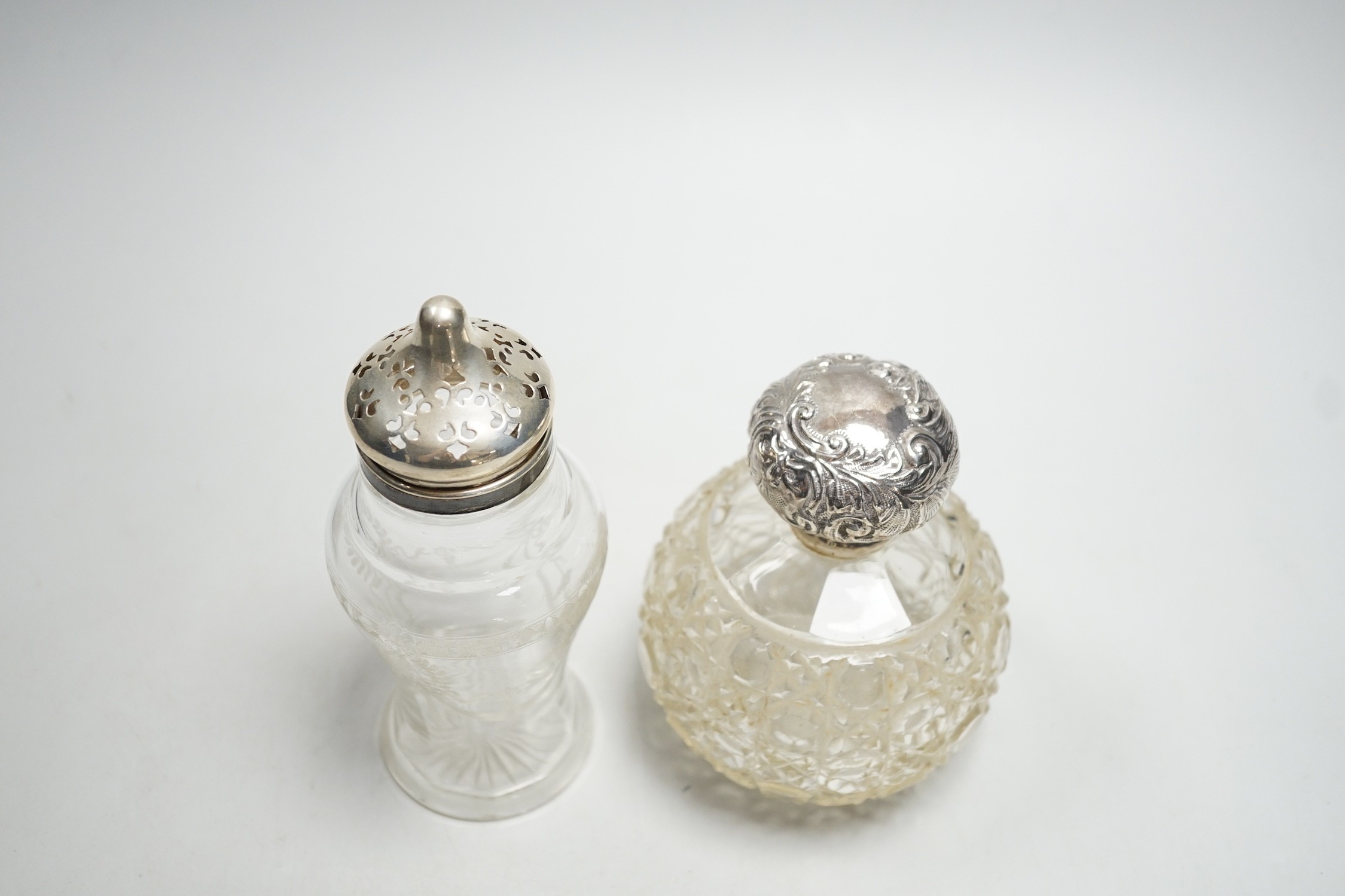 A late Victorian repousse silver mounted cut glass scent bottle, Chester, 1900, 13cm and a silver - Image 6 of 6