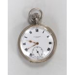 A 1930's silver J.W. Benson open faced keyless pocket watch, with Roman dial, case diameter 51mm, in