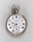 A 1930's silver J.W. Benson open faced keyless pocket watch, with Roman dial, case diameter 51mm, in