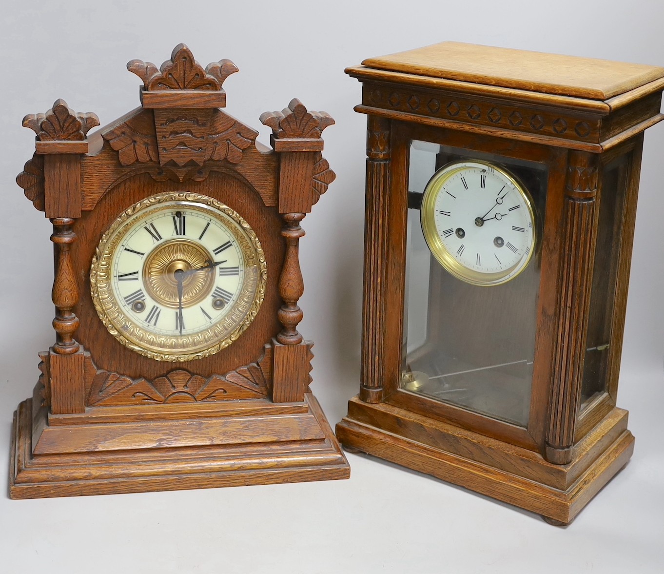 An Edwardian mantel clock and an American clock, tallest 38cms high,