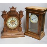 An Edwardian mantel clock and an American clock, tallest 38cms high,