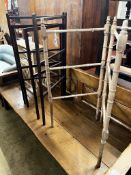 A 19th century faux bamboo folding towel rail together with two mahogany towel rails, largest height