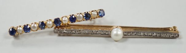 A 1920's yellow metal, cultured pearl and rose cut diamond set bar brooch, 47mm and a later yellow