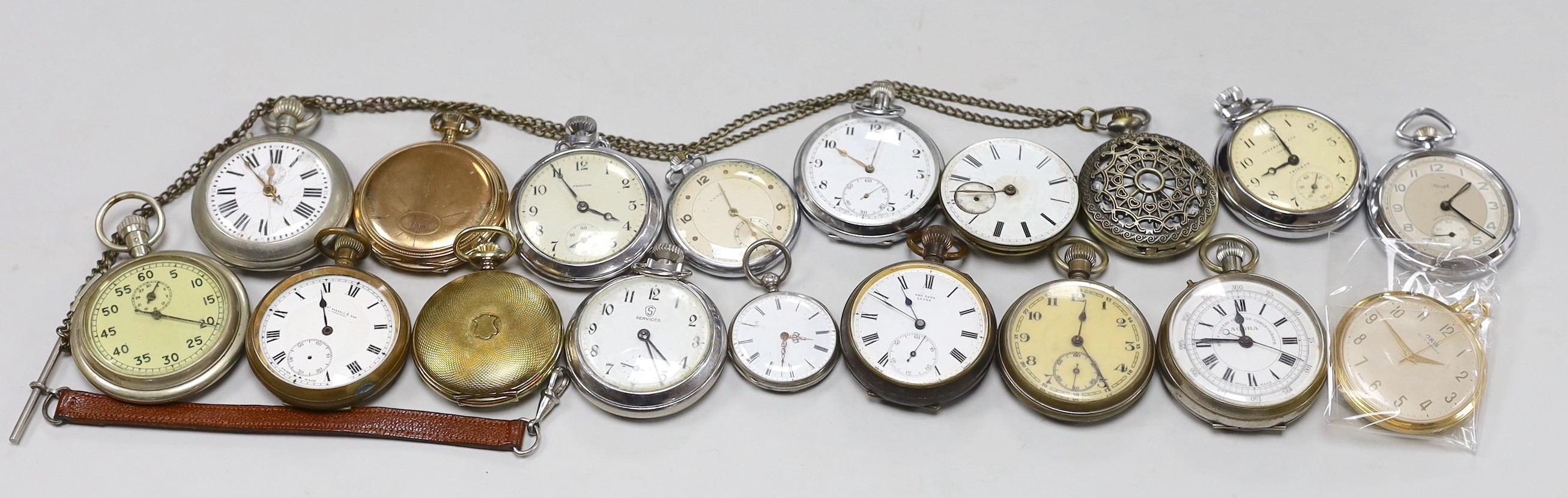 Eighteen assorted base metal pocket watches, including Ingersoll, Lanco and Paragon, some a.f. and a