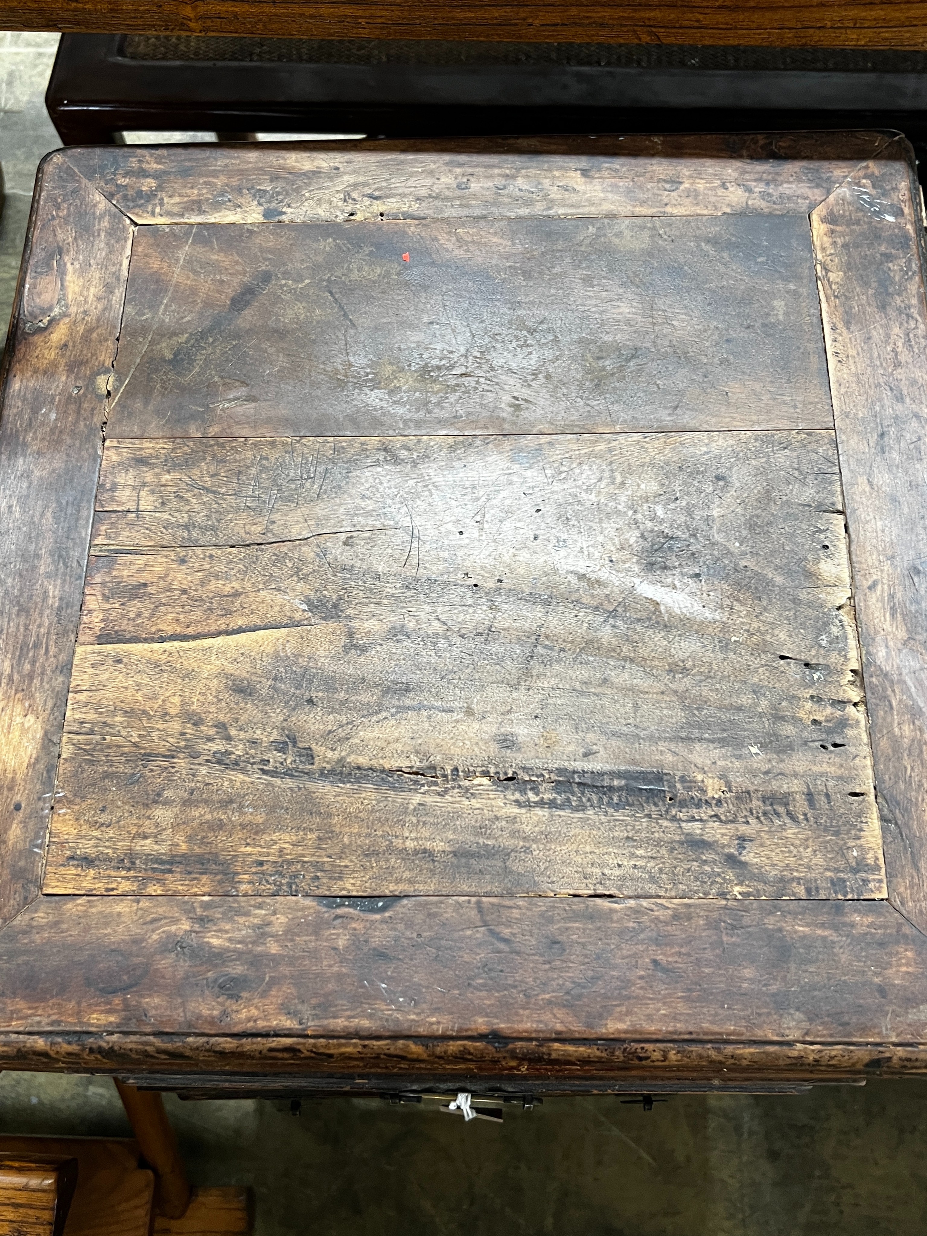 A Chinese lacquered wood three drawer side table, width 43cm, depth 44cm, height 77cm - Image 2 of 6