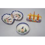 A Clarice Cliff Bizarre Gayday pattern toast rack and a Quimper dish and bowl,toast rack 13cms